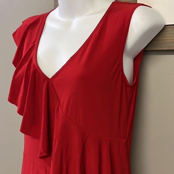 Bebe Red V-Neck Sleeveless Ruffled Wide Leg Back Zip-Up Jumpsuit- Size 6 - Picture 4 of 16